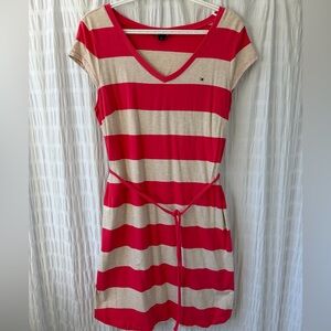 Tommy Hilfiger Red and Cream Striped V-Neck Knit dress with Waist Tie